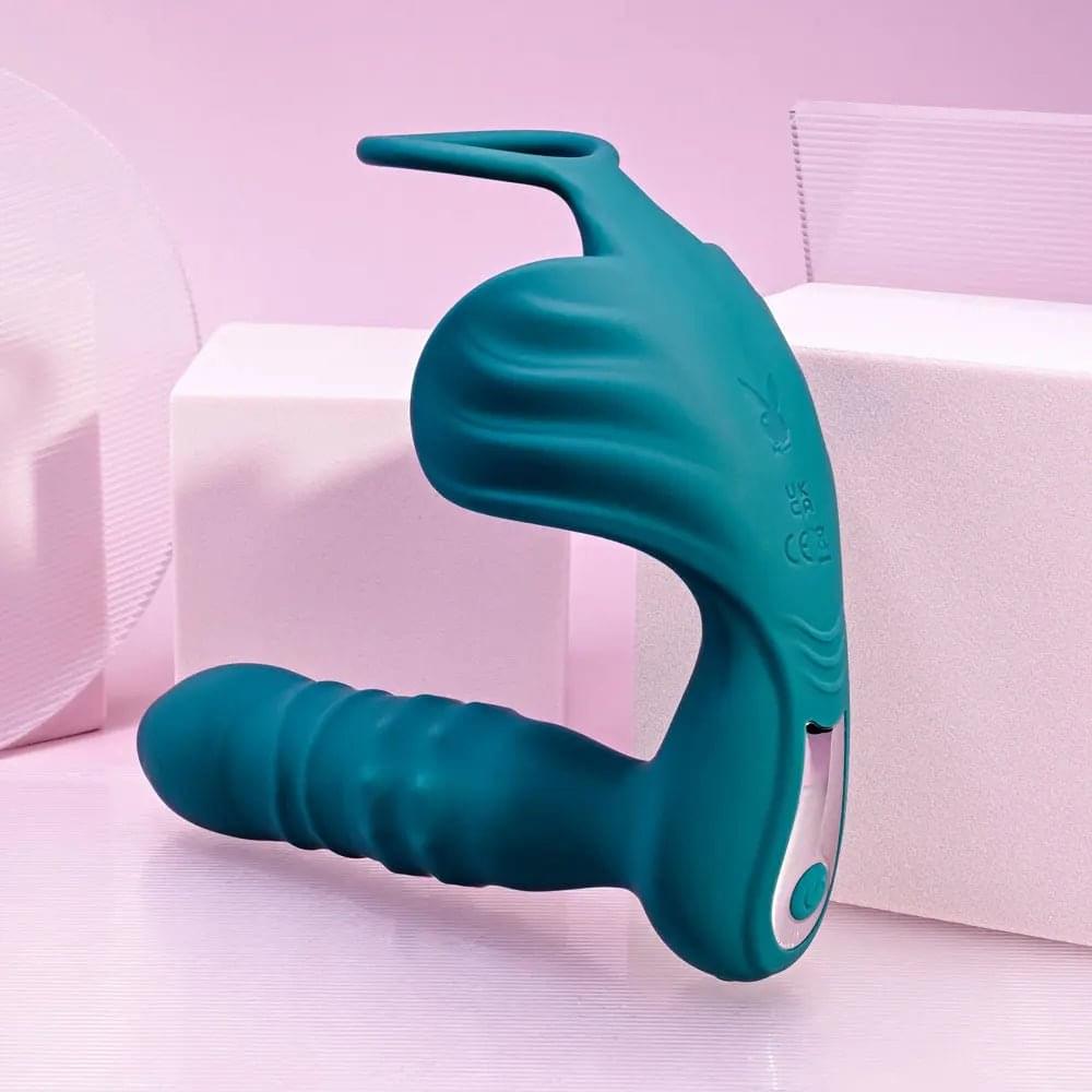 Playboy Pleasure BRING IT ON - Teal USB Rechargeable Thrusting Anal Plug with Cock Ring Playboy Pleasure Discreet Intimate Essentials.