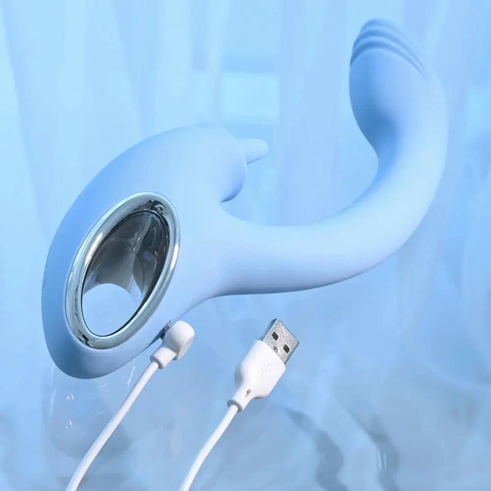 Playboy Pleasure SAPPHIRE SKY -  21.6 cm USB Rechargeable Vibrator with Double Tongue Stimulator Playboy Pleasure Discreet Intimate Essentials.