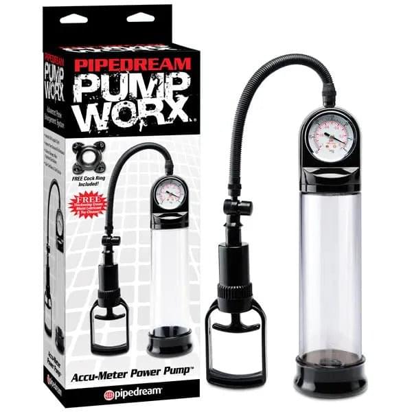 Pump Worx Accu-Meter Power Pump - Clear/Black Penis Pump with Gauge Pipedream Discreet Intimate Essentials.