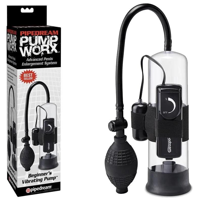 Pump Worx Beginner's Vibrating Pump - Clear/Black Vibrating Penis Pump Pipedream Discreet Intimate Essentials.
