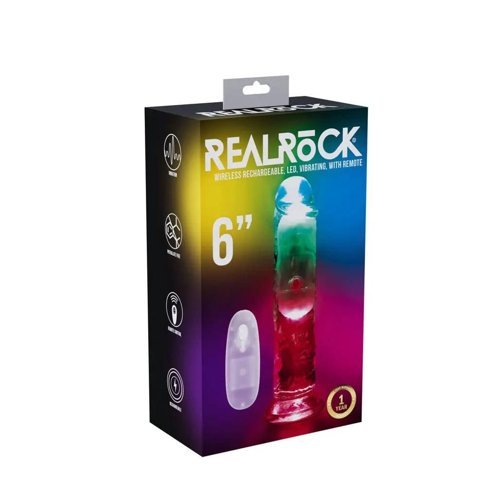 REALROCK 6'' No Balls Wireless Rechargeable LED Vibrating Dong - Clear with LED 16.5 cm USB Rechargeable Vibrating Dong with Remote Shots Toys Discreet Intimate Essentials.