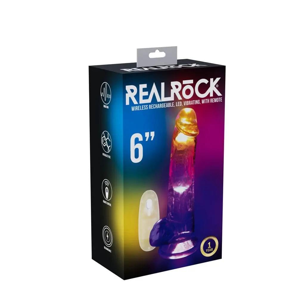 REALROCK 6'' with Balls Wireless Rechargeable LED Vibrating Dong - Clear with LED 16.2 cm USB Rechargeable Vibrating Dong with Remote Shots Toys Discreet Intimate Essentials.