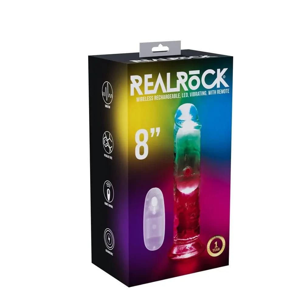 REALROCK 8'' No Balls Wireless Rechargeable LED Vibrating Dong - Clear with LED 22 cm USB Rechargeable Vibrating Dong with Remote Shots Toys Discreet Intimate Essentials.