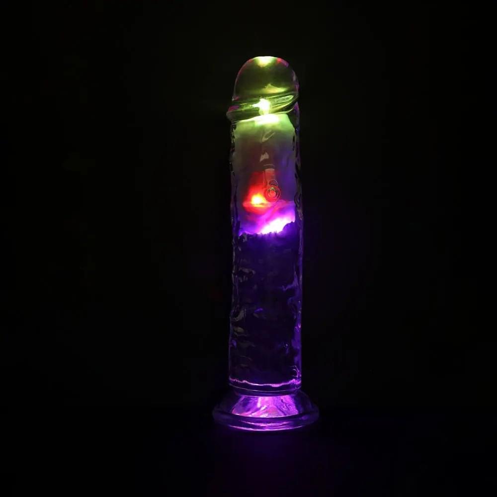 REALROCK 8'' No Balls Wireless Rechargeable LED Vibrating Dong - Clear with LED 22 cm USB Rechargeable Vibrating Dong with Remote Shots Toys Discreet Intimate Essentials.