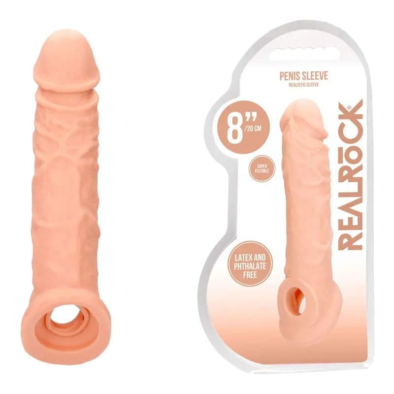 REALROCK 8'' Realistic Penis Extender with Rings -  20.3 cm Penis Extension Sleeve Shots Toys Discreet Intimate Essentials.
