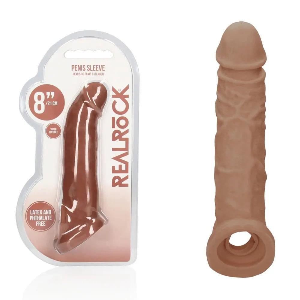 REALROCK 8'' Realistic Penis Extender with Rings - Tan - Tan 20.3 cm Penis Extension Sleeve Shots Toys Discreet Intimate Essentials.