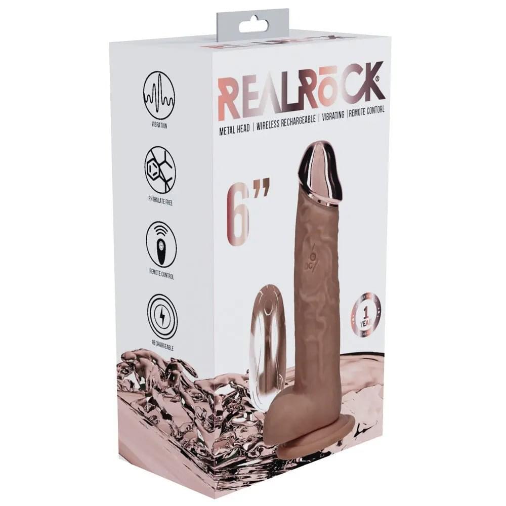 REALROCK Metal Head 6'' Rechargeable Dildo - Tan - Tan 16.2 cm USB Rechargeable Vibrating Dildo with Metal Head and Wireless Remote Shots Toys Discreet Intimate Essentials.