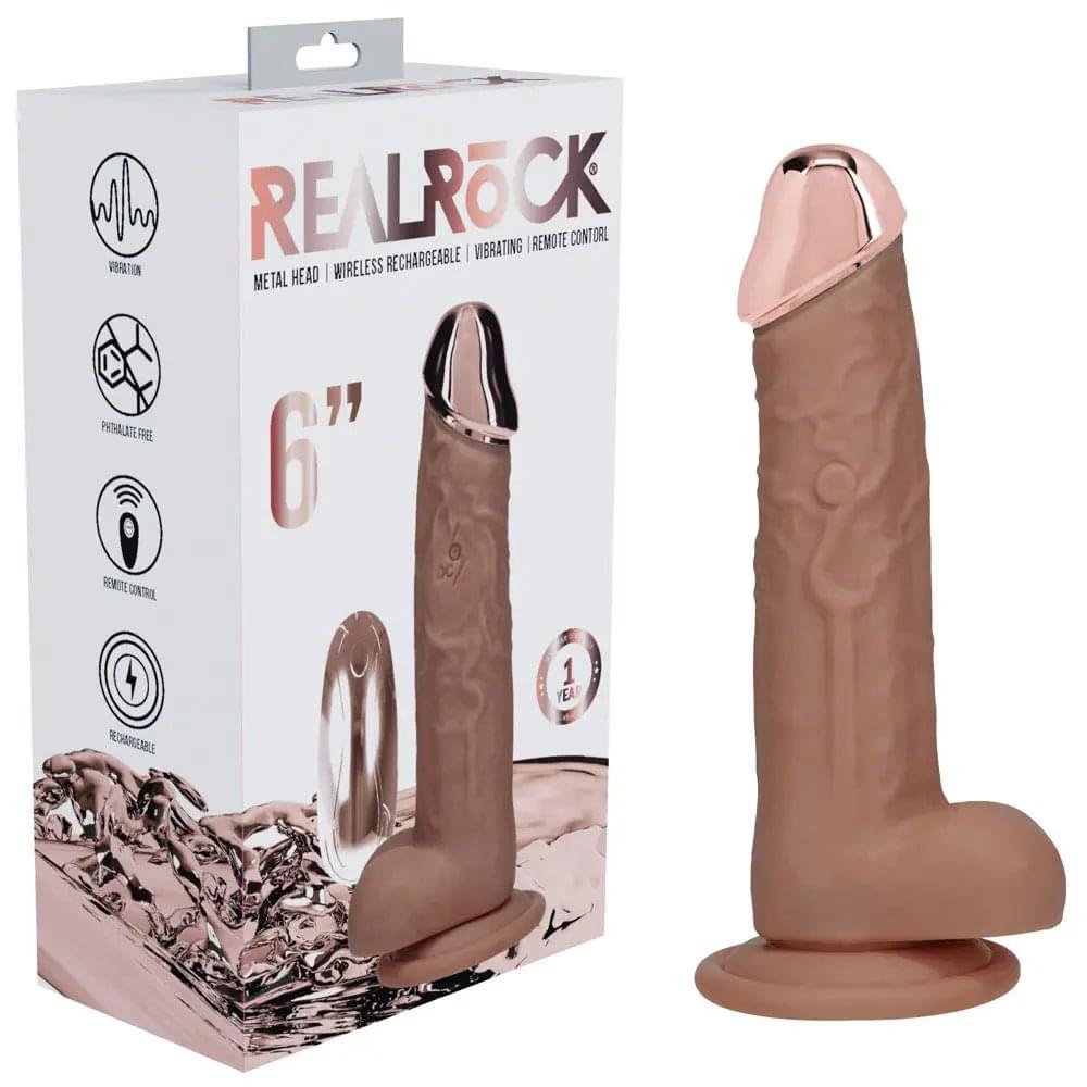 REALROCK Metal Head 6'' Rechargeable Dildo - Tan - Tan 16.2 cm USB Rechargeable Vibrating Dildo with Metal Head and Wireless Remote Shots Toys Discreet Intimate Essentials.