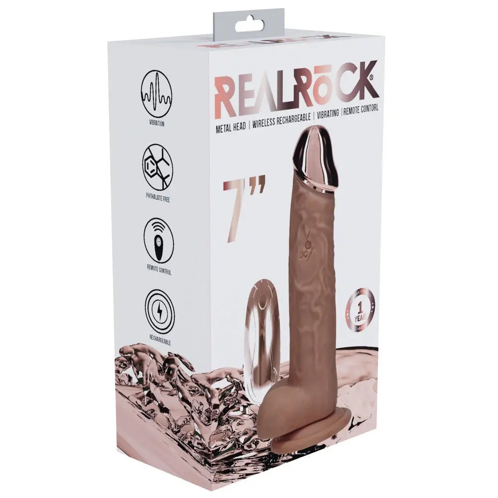 Shop affordable quality REALROCK Metal Head 7'' Rechargeable Dildo - Tan - Tan 19 cm USB Rechargeable Vibrating Dildo with Metal Head and Wireless Remote - Discreet Intimate Essentials - DONGS - Shots Toys