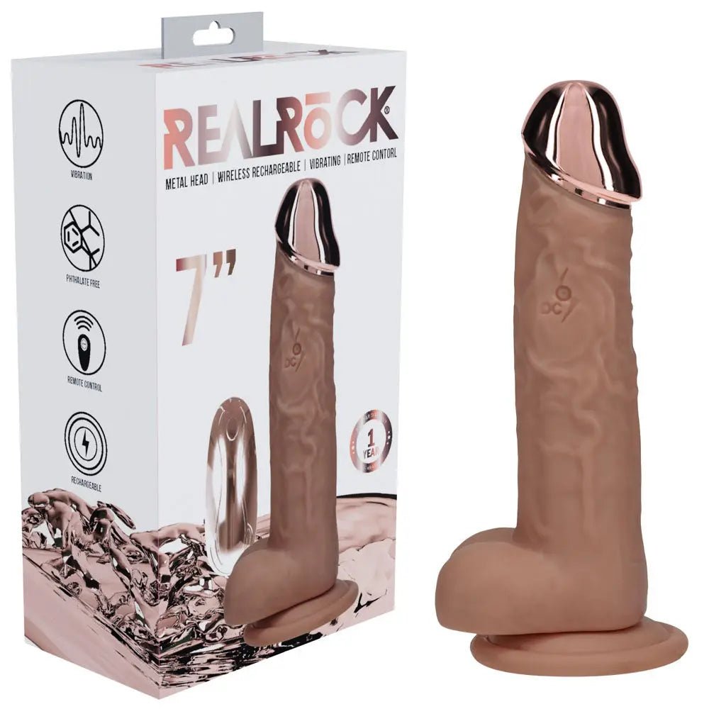 Shop affordable quality REALROCK Metal Head 7'' Rechargeable Dildo - Tan - Tan 19 cm USB Rechargeable Vibrating Dildo with Metal Head and Wireless Remote - Discreet Intimate Essentials - DONGS - Shots Toys
