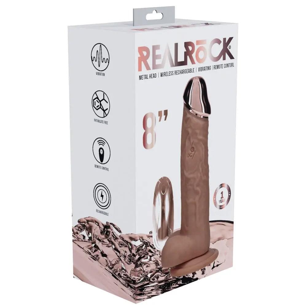 REALROCK Metal Head 8'' Rechargeable Dildo - Tan - Tan 22 cm USB Rechargeable Vibrating Dildo with Metal Head and Wireless Remote Shots Toys Discreet Intimate Essentials.