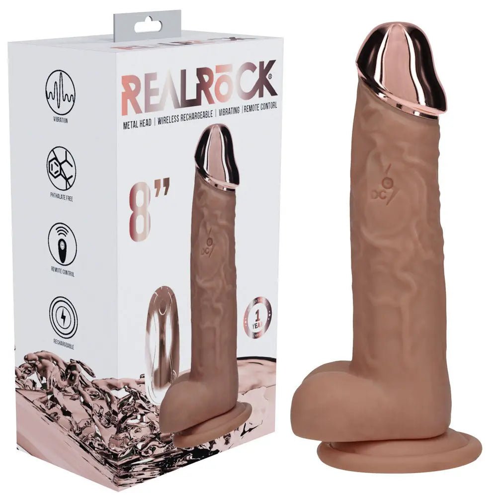 Shop affordable quality REALROCK Metal Head 8'' Rechargeable Dildo - Tan - Tan 22 cm USB Rechargeable Vibrating Dildo with Metal Head and Wireless Remote - Discreet Intimate Essentials - DONGS - Shots Toys