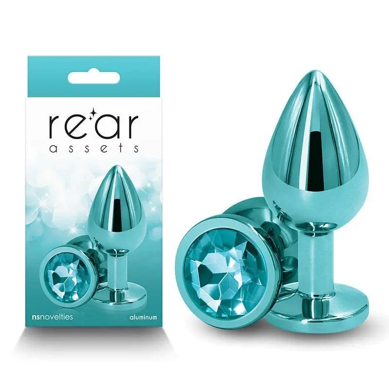 Rear Assets - Medium - Teal - Teal 8.2 cm Medium Metal Butt Plug with Teal Round Gem Base NS Novelties Discreet Intimate Essentials.