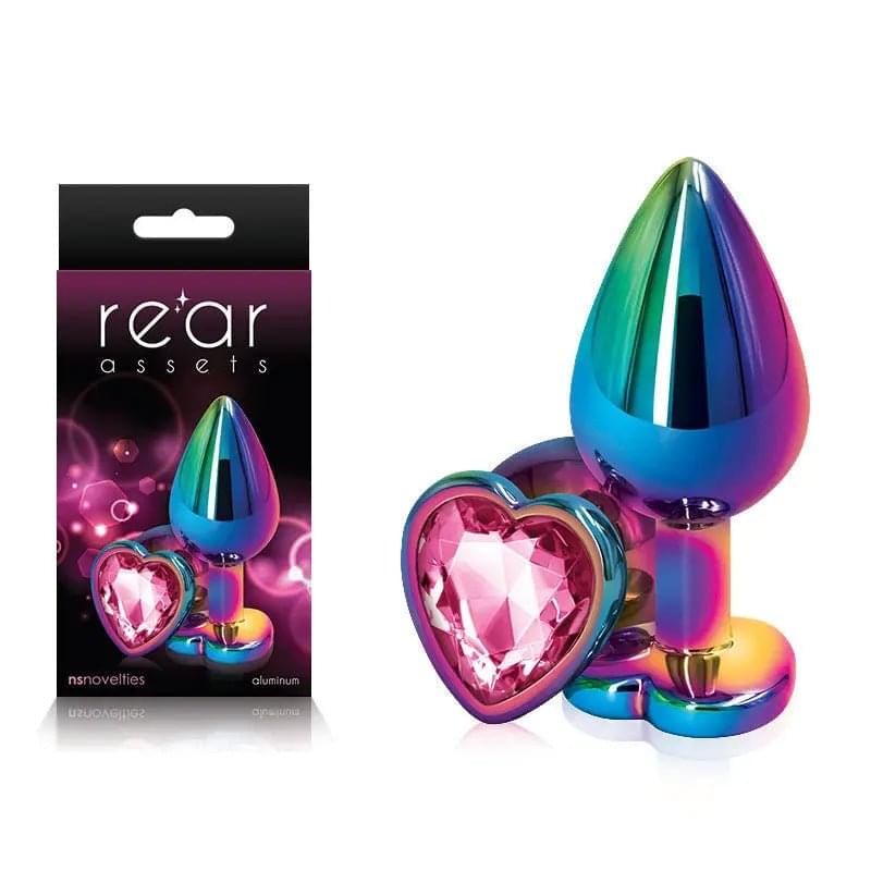 Rear Assets Multi  Heart - Multi  Medium Metal Butt Plug with Pink Heart Gem Base NS Novelties Discreet Intimate Essentials.