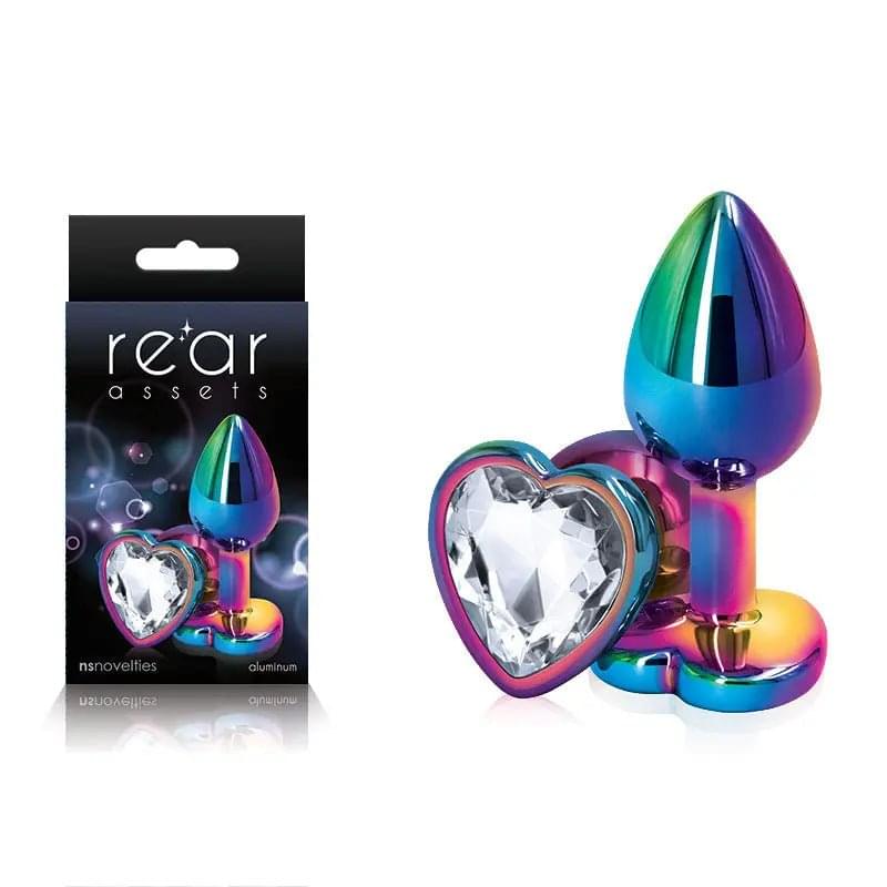 Rear Assets Multi  Heart - Multi  Small Metal Butt Plug with Clear Heart Gem Base NS Novelties Discreet Intimate Essentials.