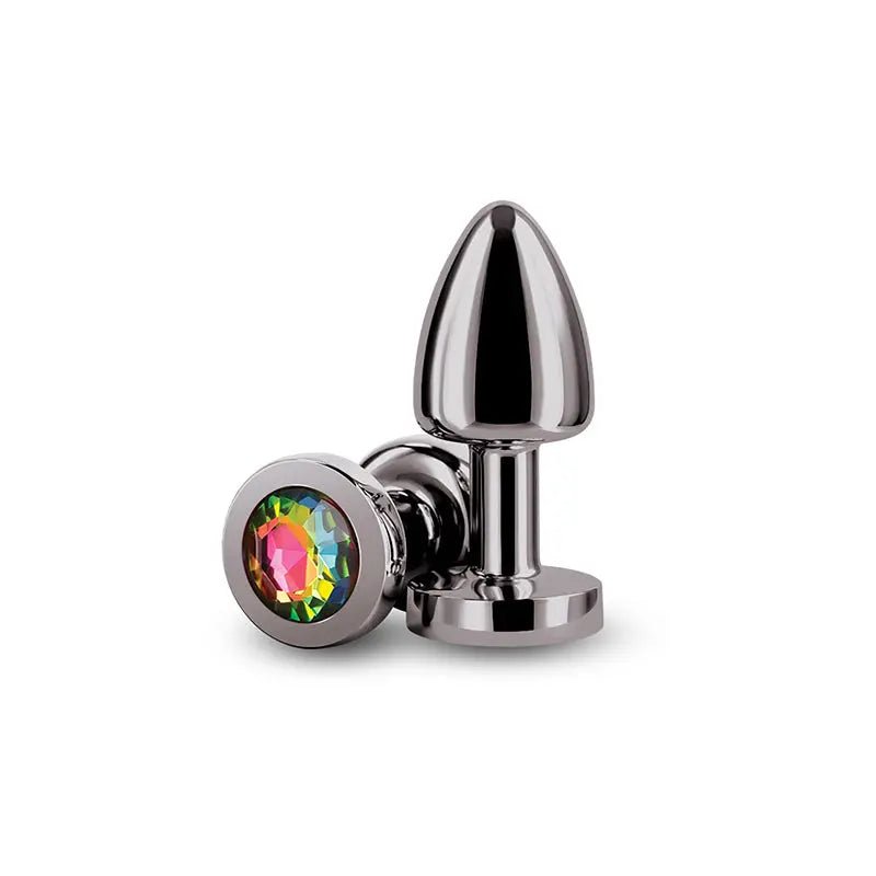 Shop affordable quality Rear Assets Petite - Gunmetal with Rainbow Gem - Gunmetal 6 cm Metal Butt Plug with Rainbow Round Gem Base - Discreet Intimate Essentials - ANAL TOYS - NS Novelties