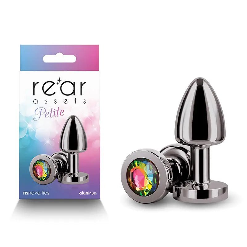 Shop affordable quality Rear Assets Petite - Gunmetal with Rainbow Gem - Gunmetal 6 cm Metal Butt Plug with Rainbow Round Gem Base - Discreet Intimate Essentials - ANAL TOYS - NS Novelties