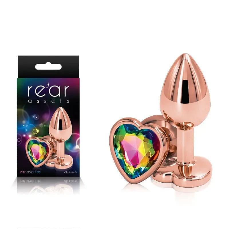 Rear Assets Rose Gold Heart Small - Rose Gold Small Metal Butt Plug with Rainbow Heart Gem Base NS Novelties Discreet Intimate Essentials.