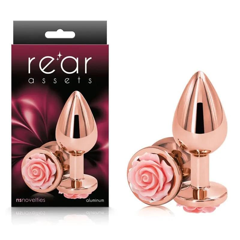 Rear Assets Rose - Medium -  8.9 cm Metal Butt Plug with Pink Rose Base NS Novelties Discreet Intimate Essentials.
