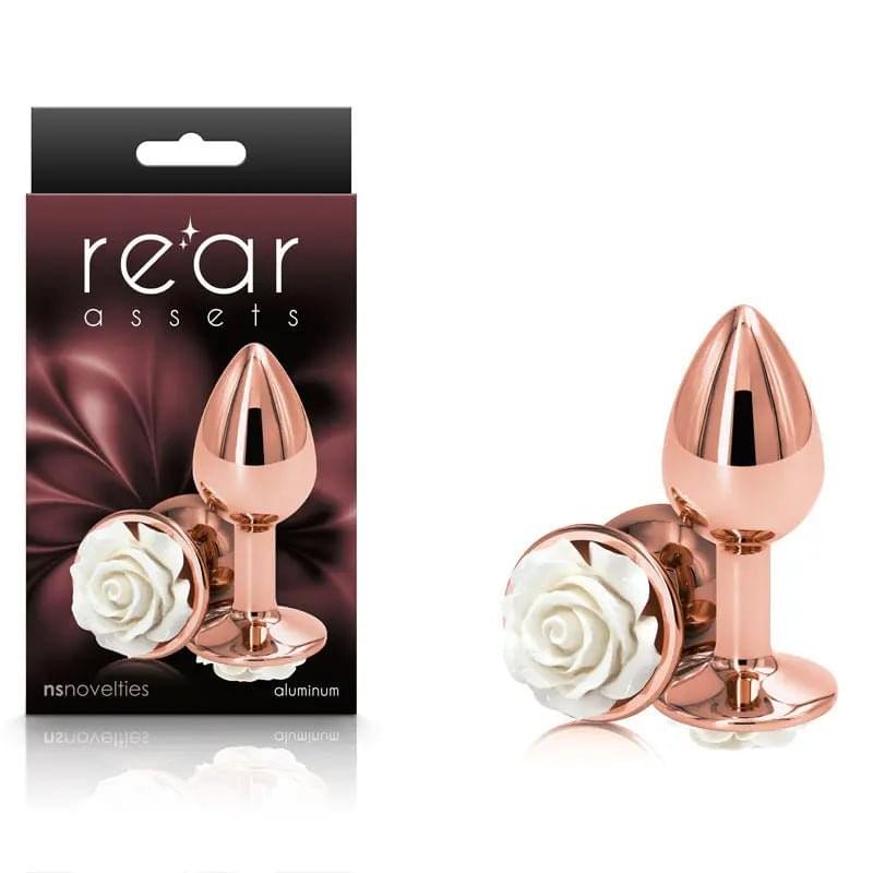 Rear Assets Rose - Small -  7.6 cm Metal Butt Plug with White Rose Base NS Novelties Discreet Intimate Essentials.