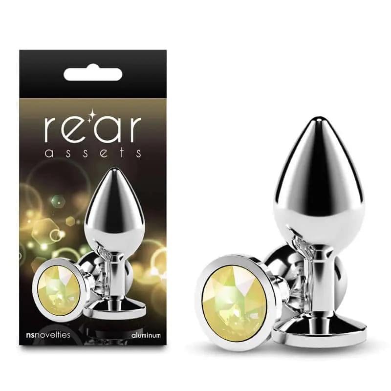 Rear Assets Silver - Medium - Yellow Gem - Silver Medium Metal Butt Plug with Yellow Gem Base NS Novelties Discreet Intimate Essentials.