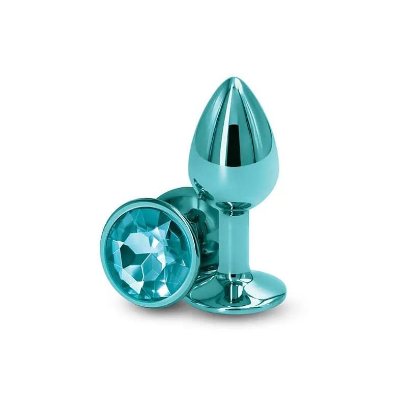 Rear Assets - Small - Teal - Teal 7.1 cm Small Metal Butt Plug with Teal Round Gem Base NS Novelties Discreet Intimate Essentials.