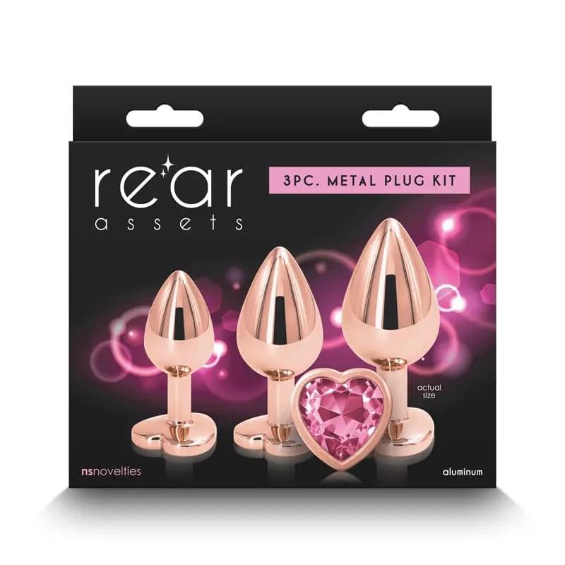 Rear Assets Trainer Kit -  - Pink Heart -  Metallic Butt Plugs with Pink Hearts - Set of 3 Sizes NS Novelties Discreet Intimate Essentials.