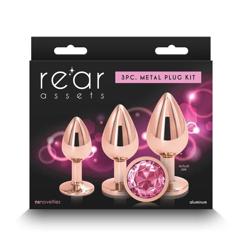 Rear Assets Trainer Kit -  - Pink -  Metallic Butt Plugs with Pink Gems - Set of 3 Sizes NS Novelties Discreet Intimate Essentials.