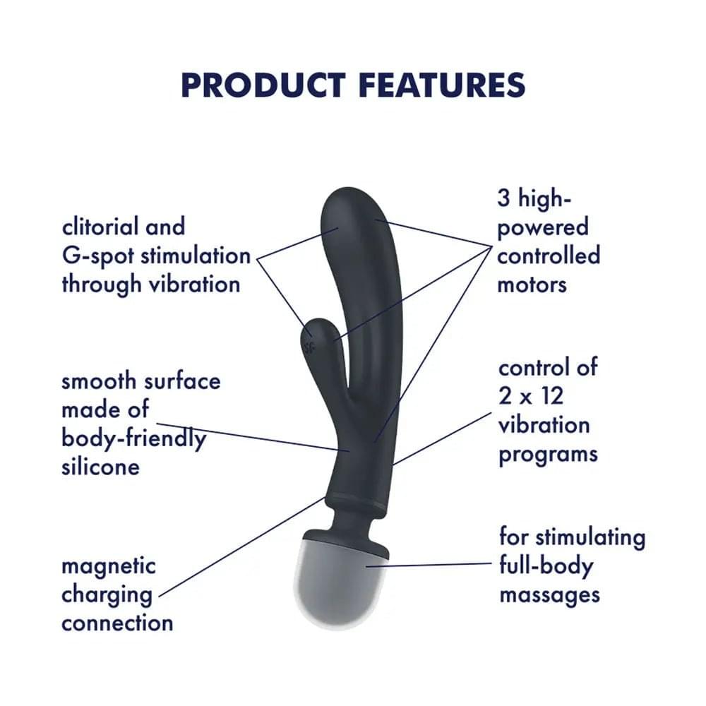 Satisfyer Triple Lover - Grey USB Rechargeable Rabbit Vibrator and Massage Wand Satisfyer Discreet Intimate Essentials.
