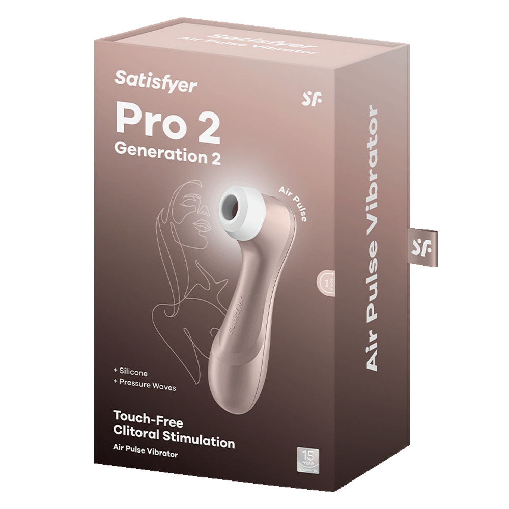 Satisfyer Pro 2 -  - Touch-Free USB-Rechargeable Clitoral Stimulator packaging showcasing air pulse vibrator design.