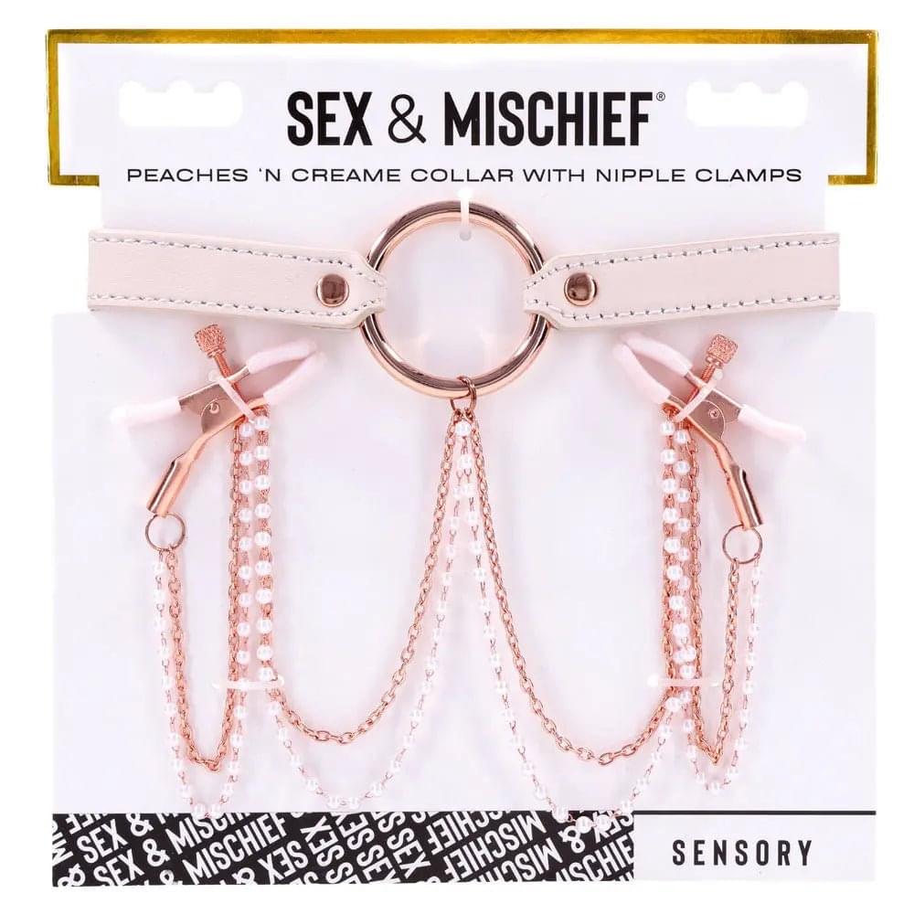 Sex & Mischief Peaches n CreaMe Collar with Nipple Clamps - Peach Nipple Restraints Sportsheets Discreet Intimate Essentials.