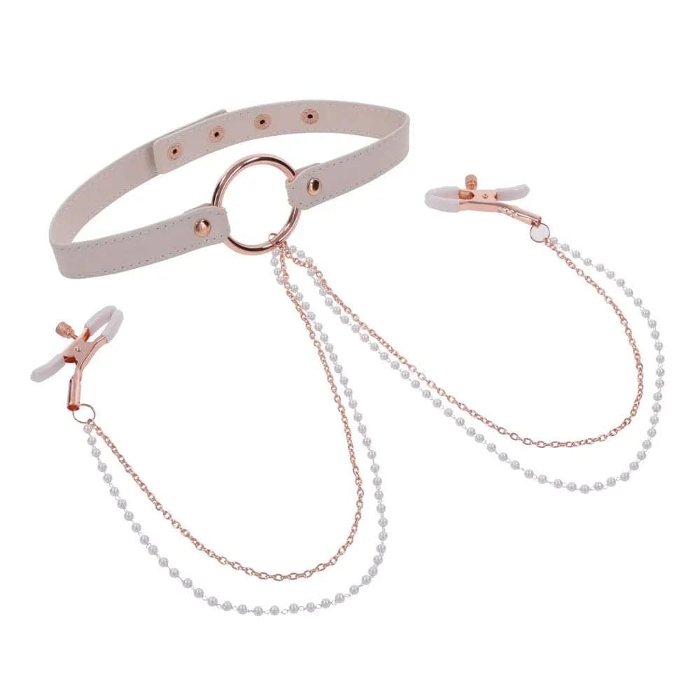 Sex & Mischief Peaches n CreaMe Collar with Nipple Clamps - Peach Nipple Restraints Sportsheets Discreet Intimate Essentials.