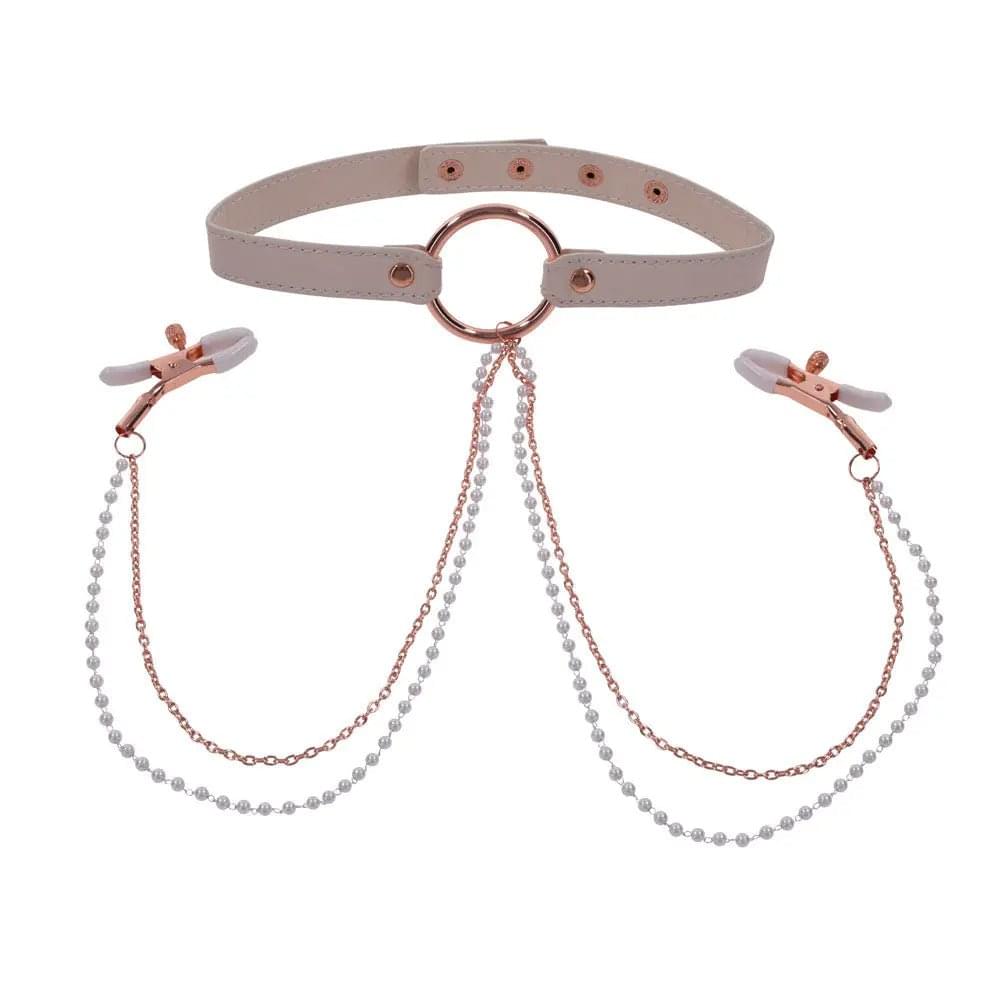Sex & Mischief Peaches n CreaMe Collar with Nipple Clamps - Peach Nipple Restraints Sportsheets Discreet Intimate Essentials.
