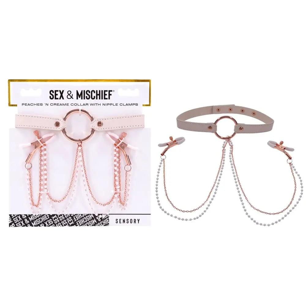 Sex & Mischief Peaches n CreaMe Collar with Nipple Clamps - Peach Nipple Restraints Sportsheets Discreet Intimate Essentials.