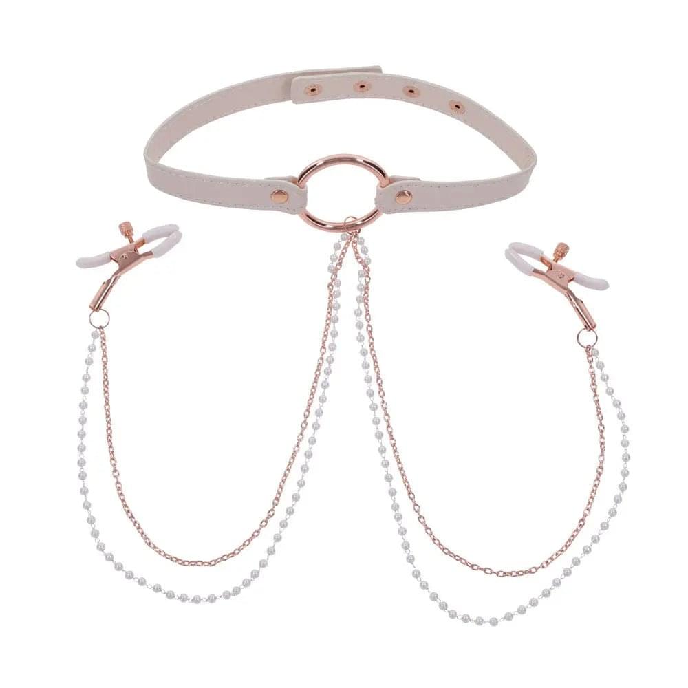 Sex & Mischief Peaches n CreaMe Collar with Nipple Clamps - Peach Nipple Restraints Sportsheets Discreet Intimate Essentials.