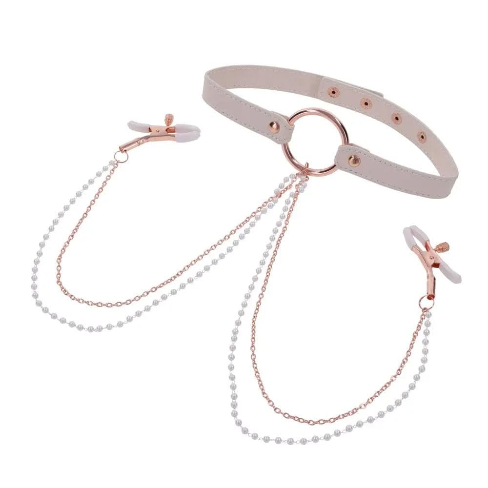Sex & Mischief Peaches n CreaMe Collar with Nipple Clamps - Peach Nipple Restraints Sportsheets Discreet Intimate Essentials.