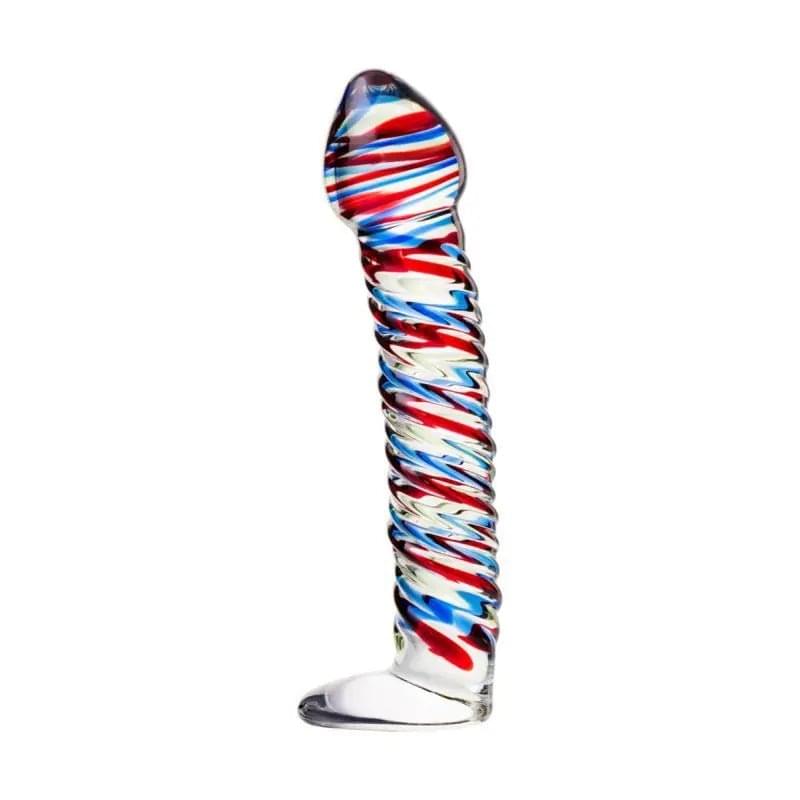 Sexus Glass Dildo Stripes w Base Blue/Red 16cm Sexus Glass Discreet Intimate Essentials.