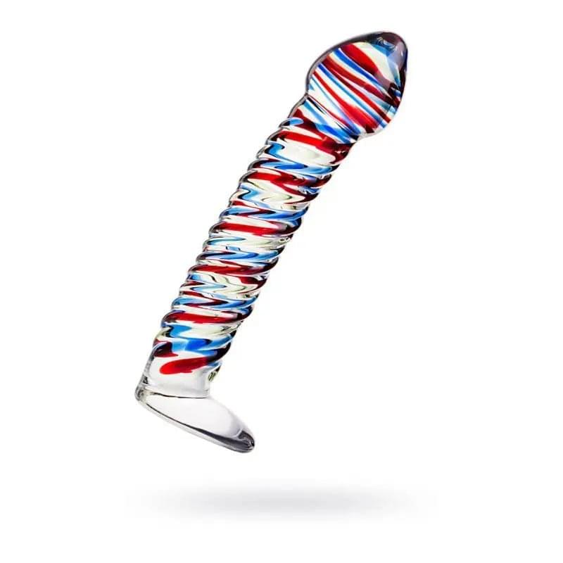 Sexus Glass Dildo Stripes w Base Blue/Red 16cm Sexus Glass Discreet Intimate Essentials.