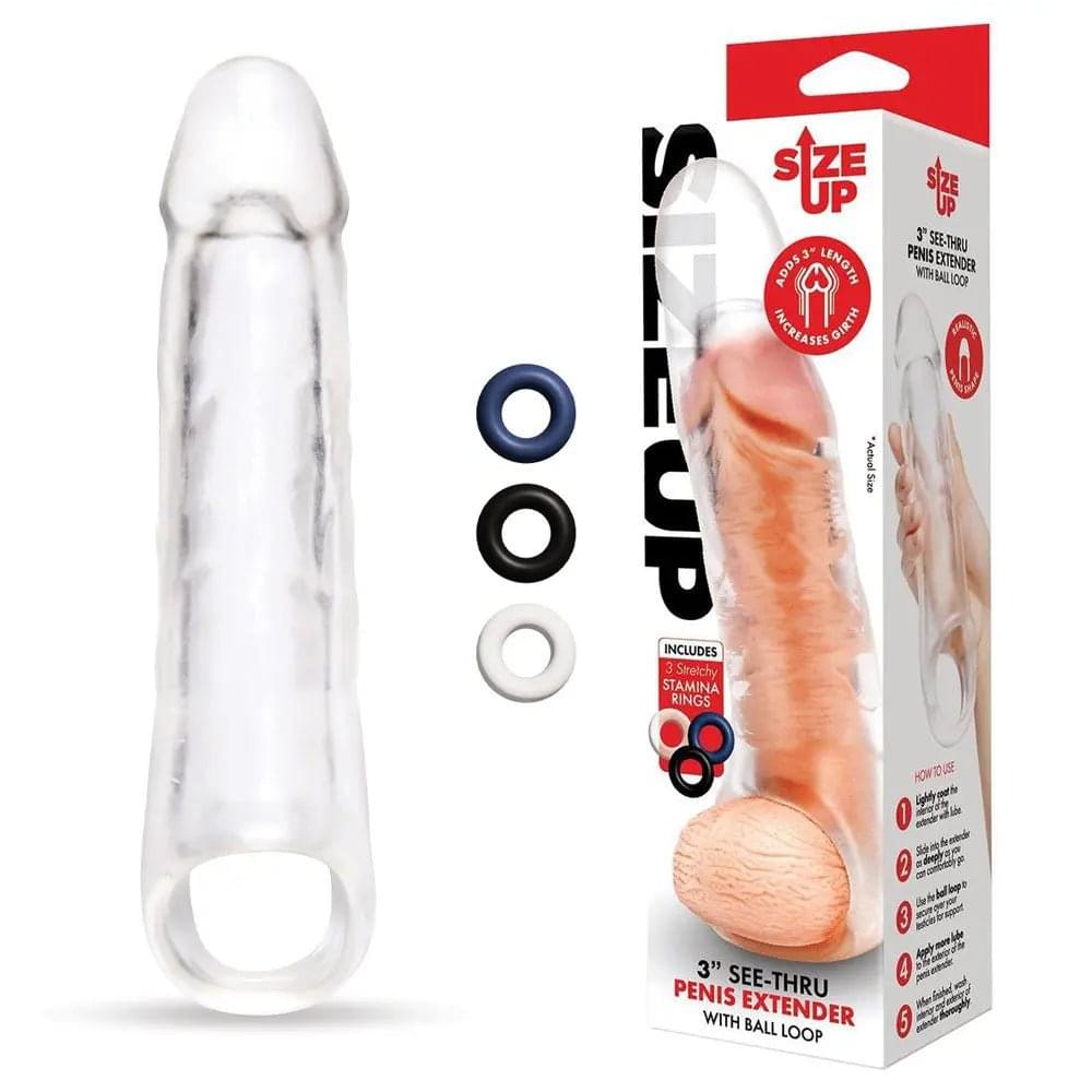 Size Up 3 Inch See-Thru Penis Extender with Ball Loop -  7.6 cm (3'') Penis Extension Sleeve Xgen Products Discreet Intimate Essentials.