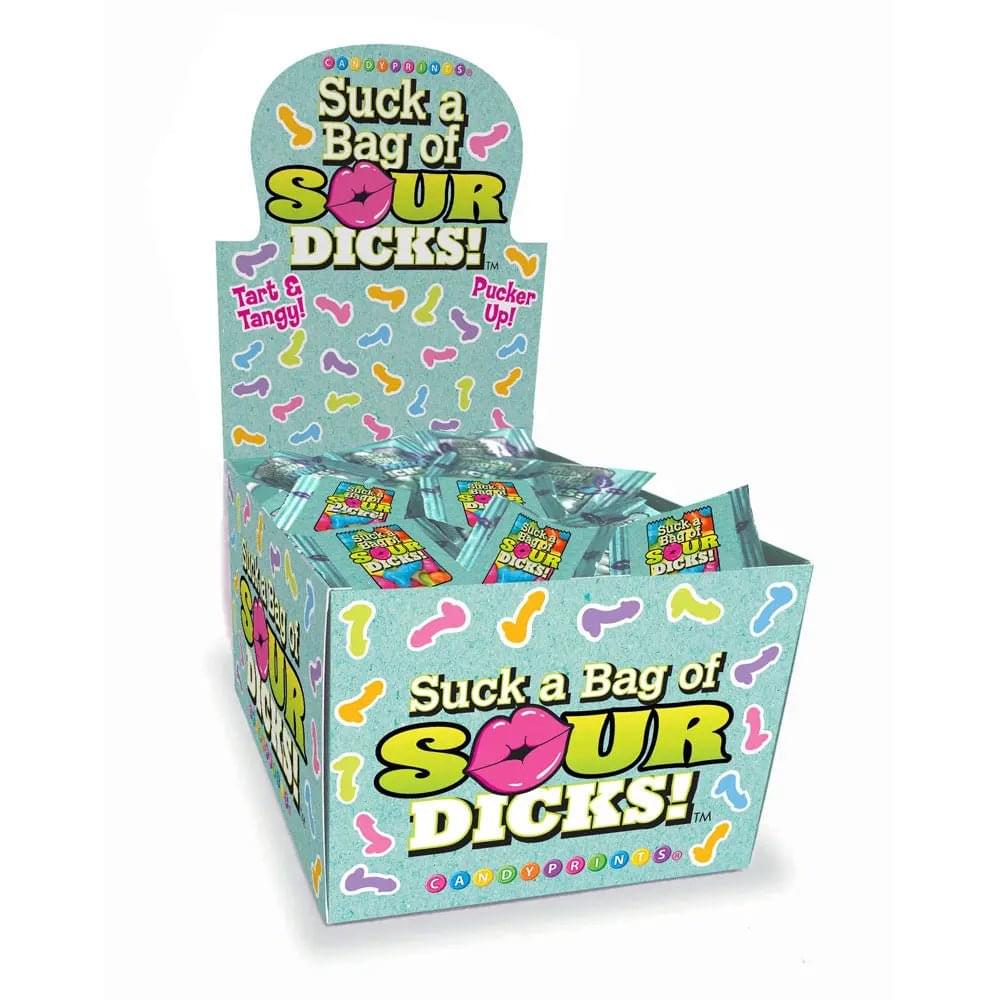 Suck A Bag Of Sour Dicks Counter Display - Sour Fruit Flavoured Lollies - Counter Display of 100 Party Packs Little Genie Discreet Intimate Essentials.