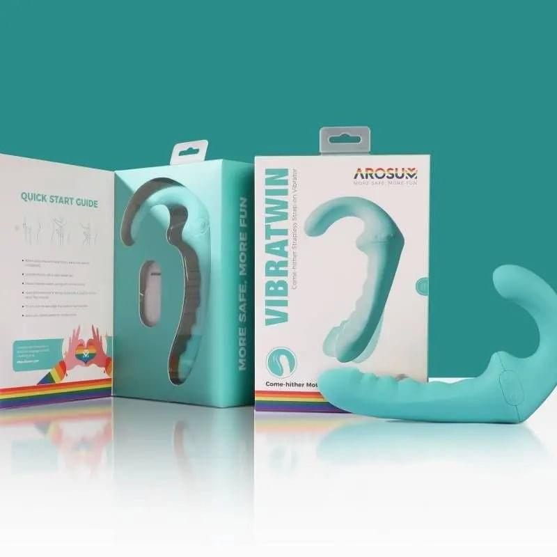 VibraTwin Rechargeable Come Hither Strapless Strap On with Remote Arosum Discreet Intimate Essentials.