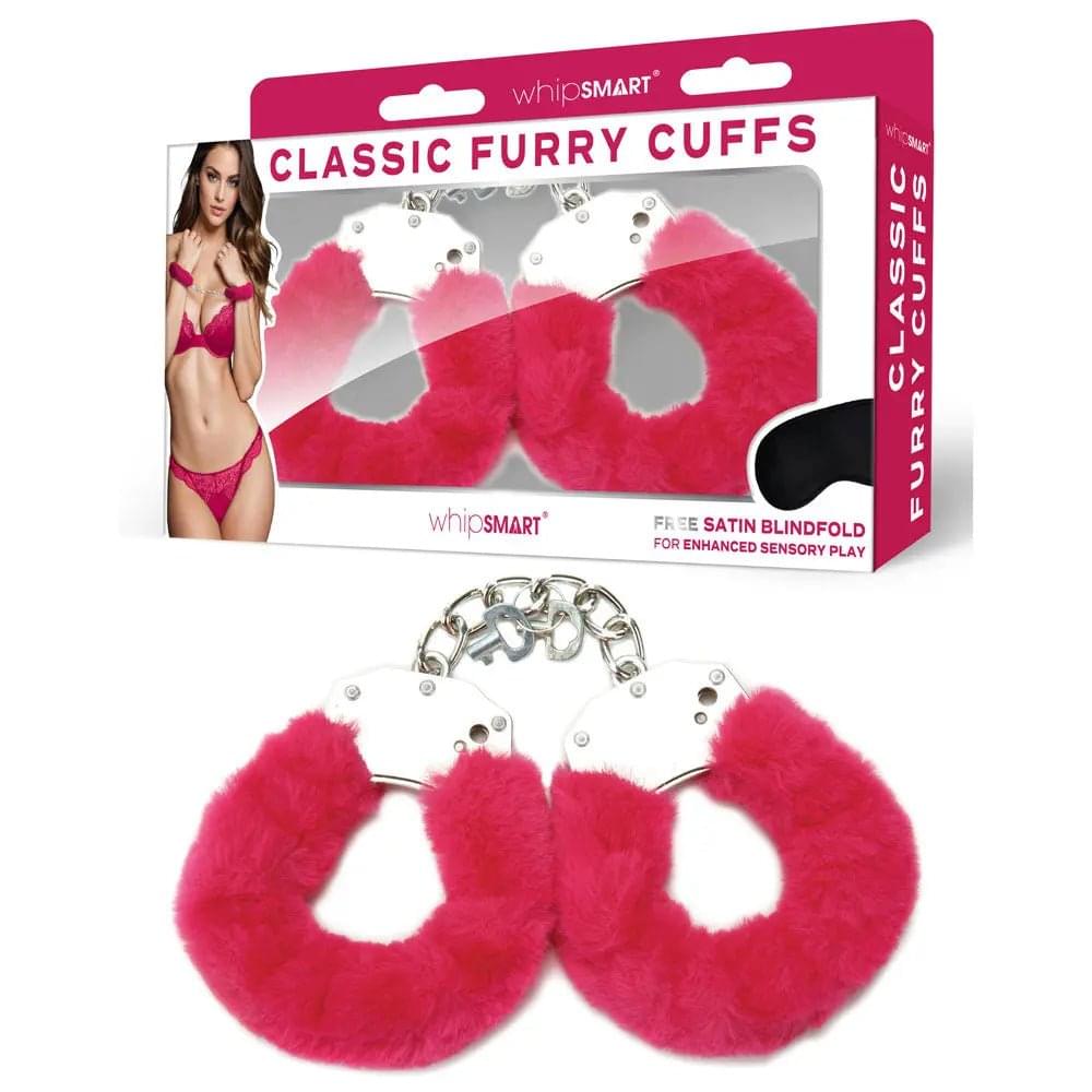 WhipSmart Classic Furry Cuffs - Hot  - Hot  Furry Restraints with Bonus Eye Mask WhipSmart Discreet Intimate Essentials.